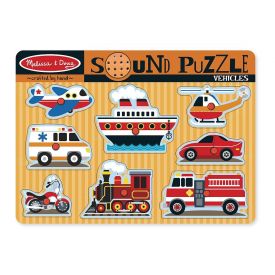 Melissa & Doug - Vehicles Sound Puzzle - Wooden Peg Puzzle With Sound Effects (8 pcs)