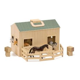 Melissa & Doug Fold and Go Wooden Horse Stable With Handle and 4 Toy Horses 